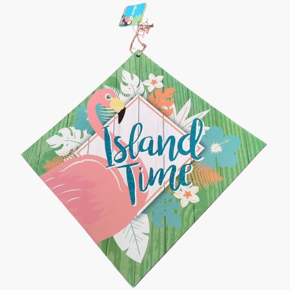 Island time Sign Flamingo Tiki Tropical Coastal Summer Cottage Beach Luau Hawaii